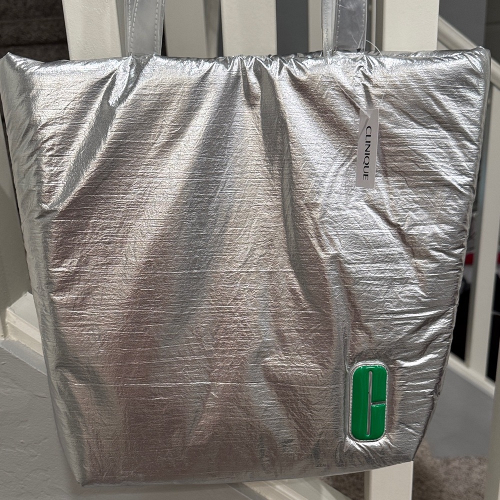 Clinique Metallic Silver Tote with Green Logo Accent